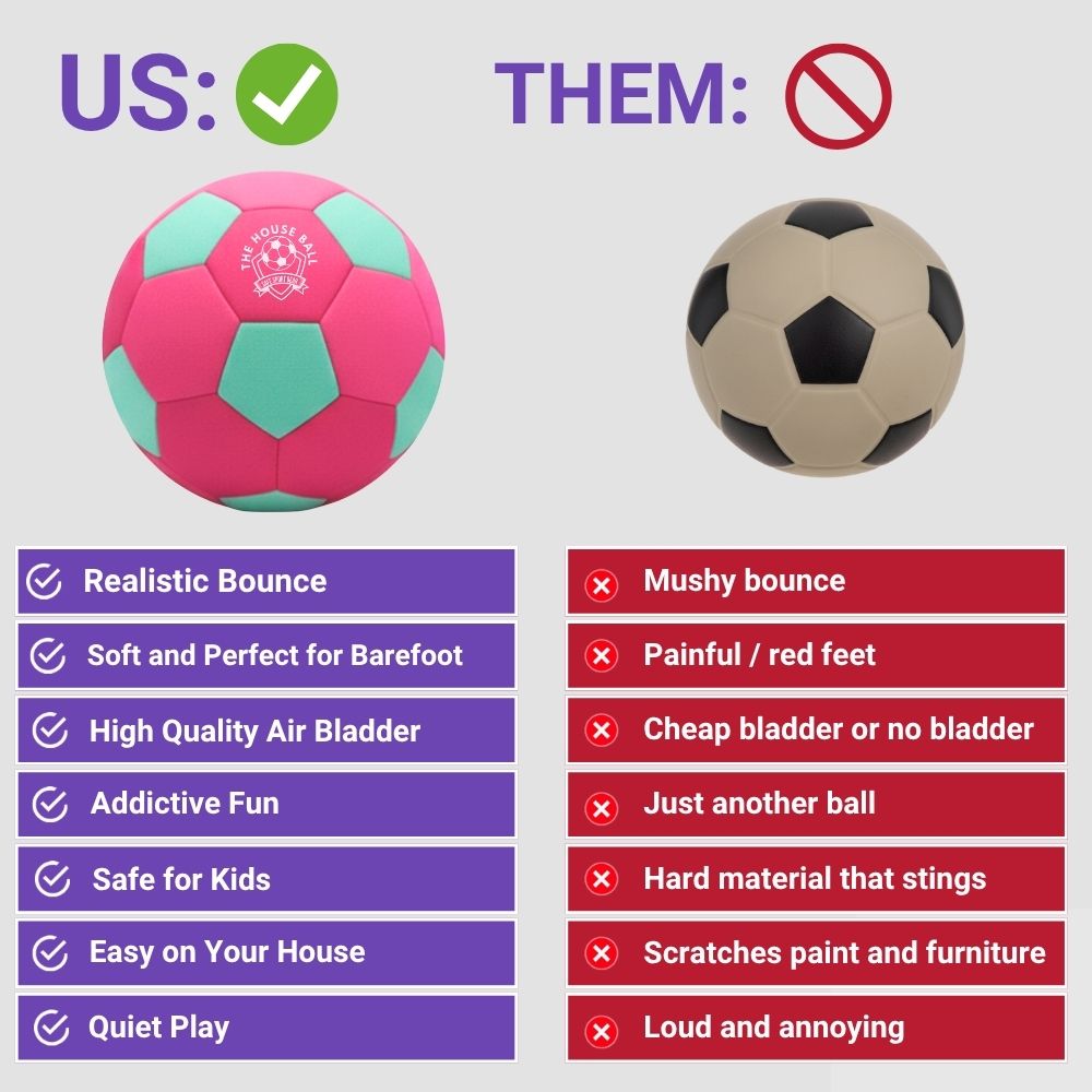 Comparison chart between The Pink House Ball 'US' and a football labeled 'THEM' with pros and cons listed.