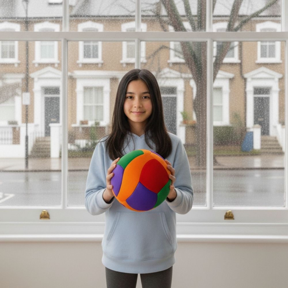Teenage girl holding a colorful Softy Volleyball indoors against a light background