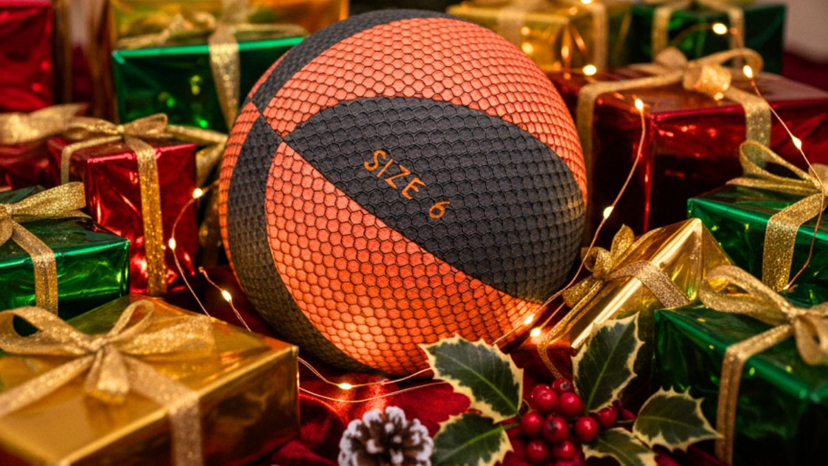 HouseHoops Basketball surrounded by Christmas gifts and festive lights.