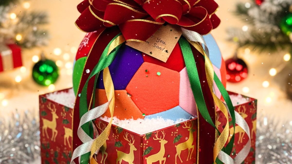 The House Ball inside a Christmas gift box with festive ribbons.