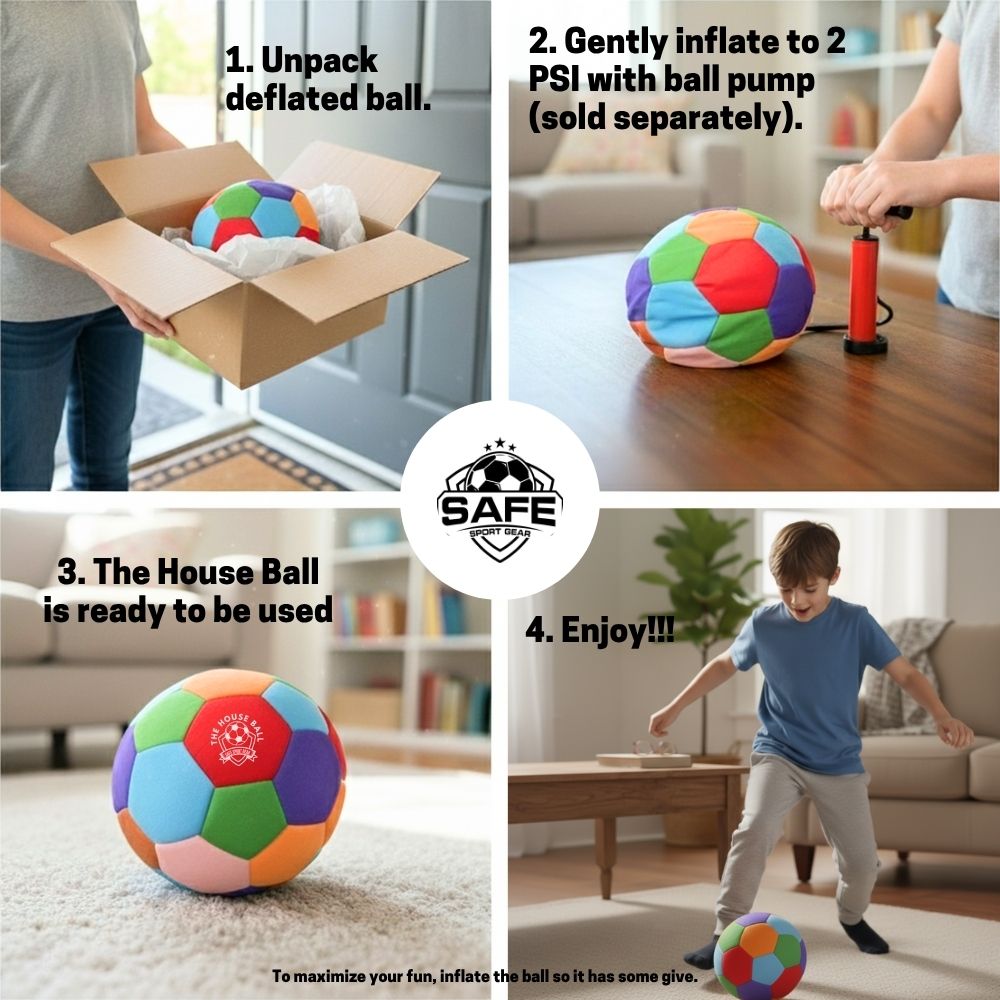 Step-by-step guide on how to unpack, inflate, and use The House Ball  in a living room setting.