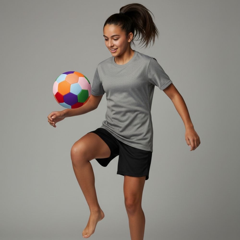 Woman in athletic wear kicking The House Ball against a gray background