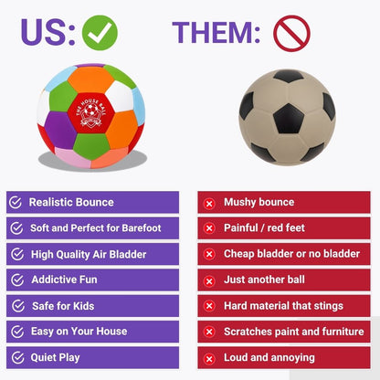 Comparison chart between a The House Ball and a soccer ball with pros and cons listed.