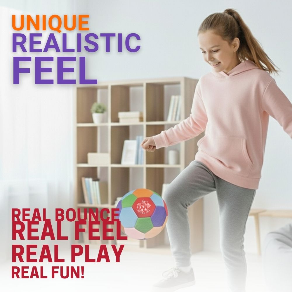 Child playing with The House Ball  in a room with shelves in the background