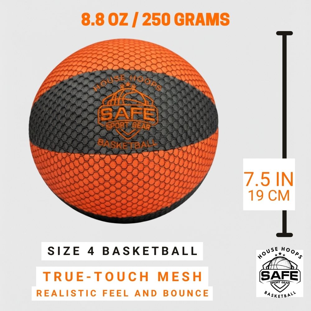 Size 4 HouseHoops Basketball with Safe Sports Gear branding, weight, size, and material details on a white background.