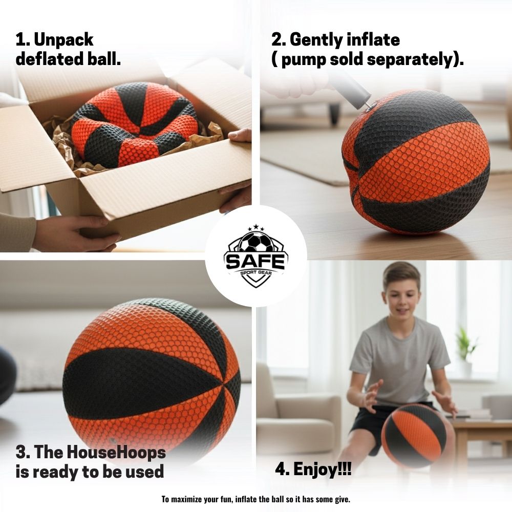 Step-by-step guide to inflating and using a deflated HouseHoops Basketball, with Safe Sport Gear logo in the center.