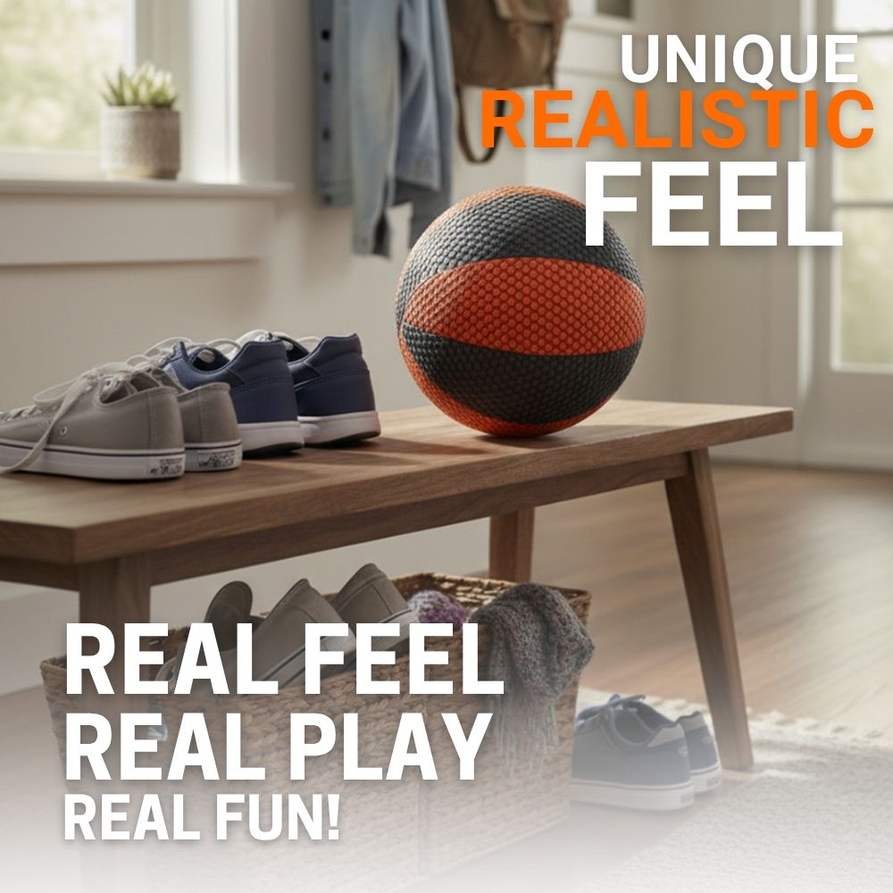 Househoops Basketball on a wooden bench with shoes and a basket in a room setting, text 'Real Feel Real Play Real Fun' and 'Unique Realistic Feel'.