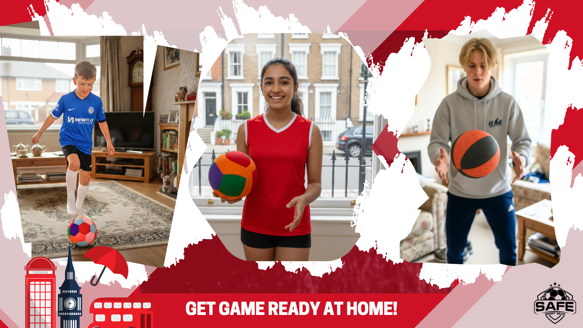 People enjoying indoor sports with the text ‘Game Ready at Home!’