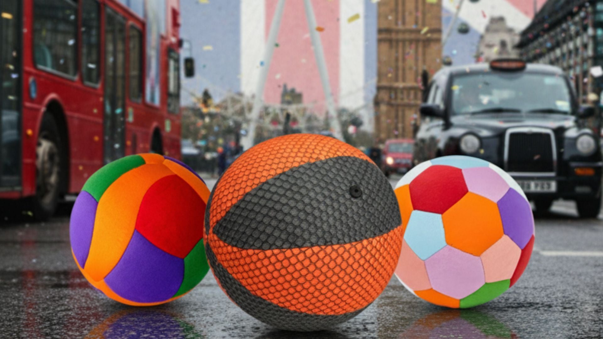 Colorful sports balls on London street, with a red double-decker bus and black taxi in the background.