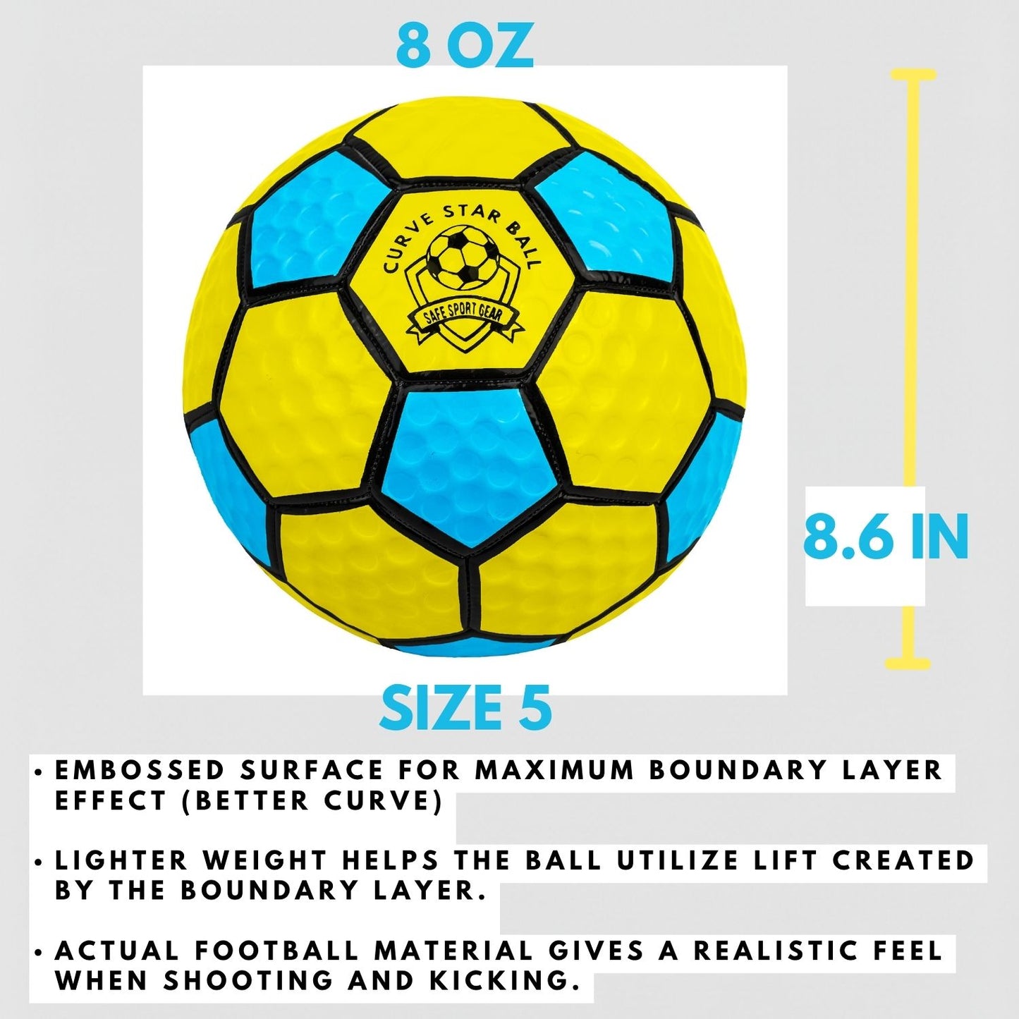 Curve Star Swerve Football with specifications on a white background