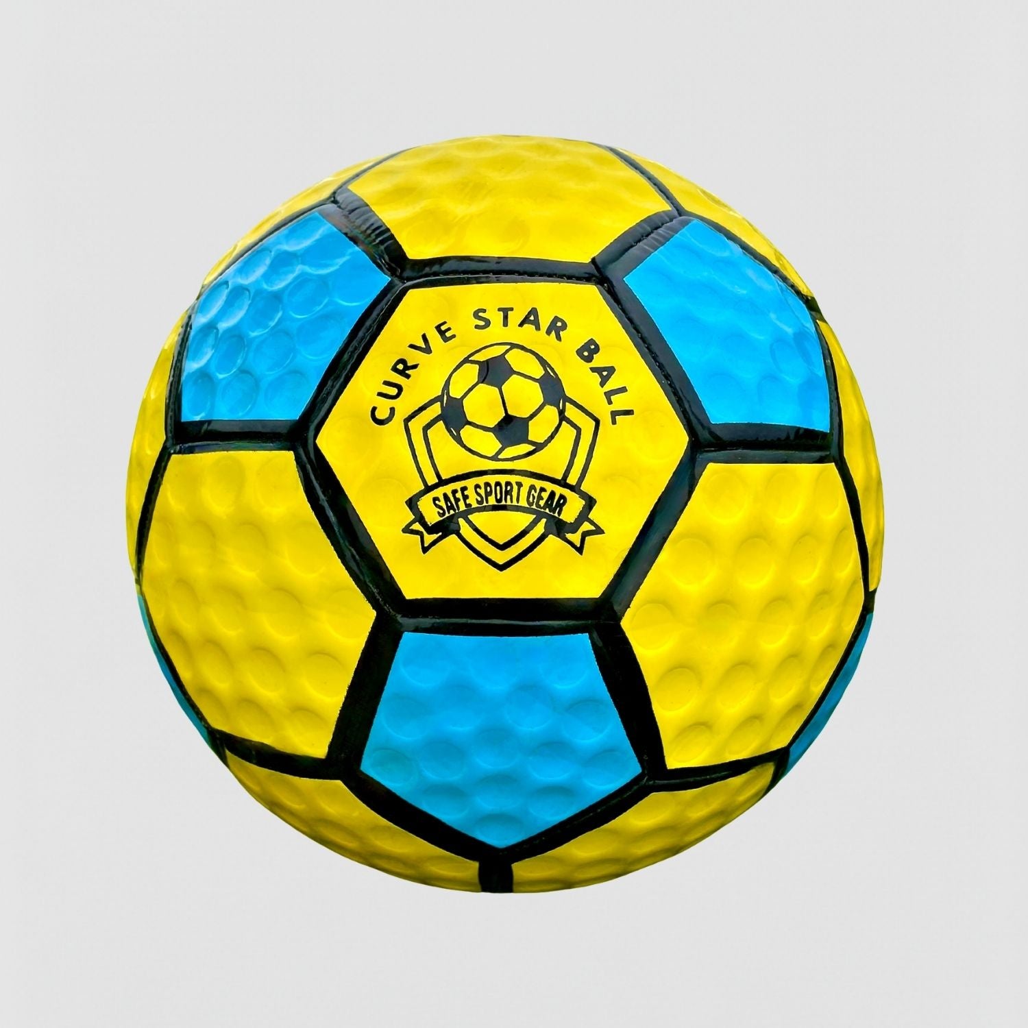 Close-up view of Curve Star Swerve Football with Safe Sport Gear logo 