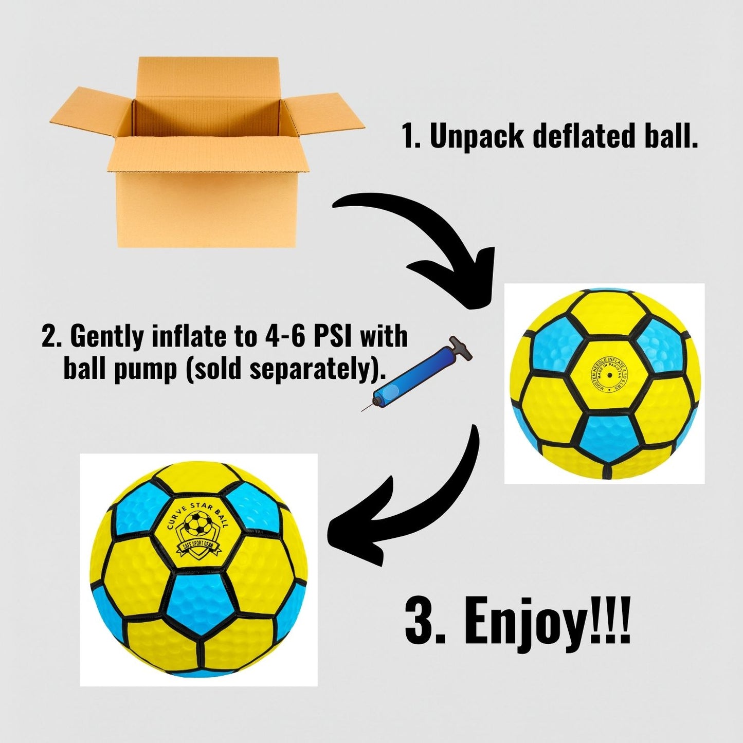 Step-by-step guide on how to inflate and use a Curve Star Swerve Football, with a 'SAFE SPORT GEAR' logo.