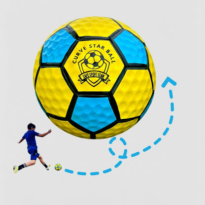 Child in blue sportswear kicking a small Curve Star Swerve FootBall toward a giant  Curve Star ball