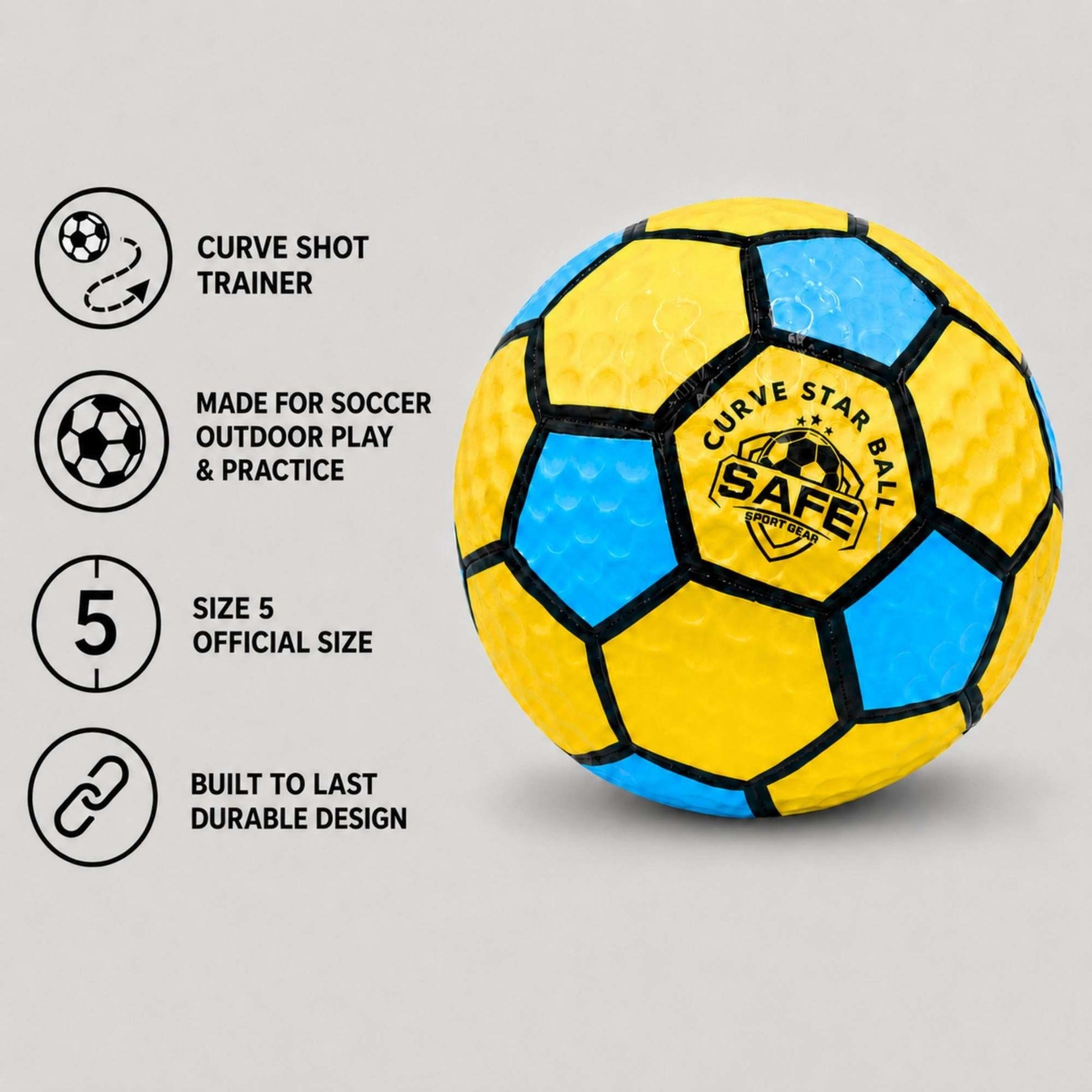 A yellow and blue curve star football with black panels and a visible Safe Sport Gear logo, shown on a light gray background with four feature callouts on the left.