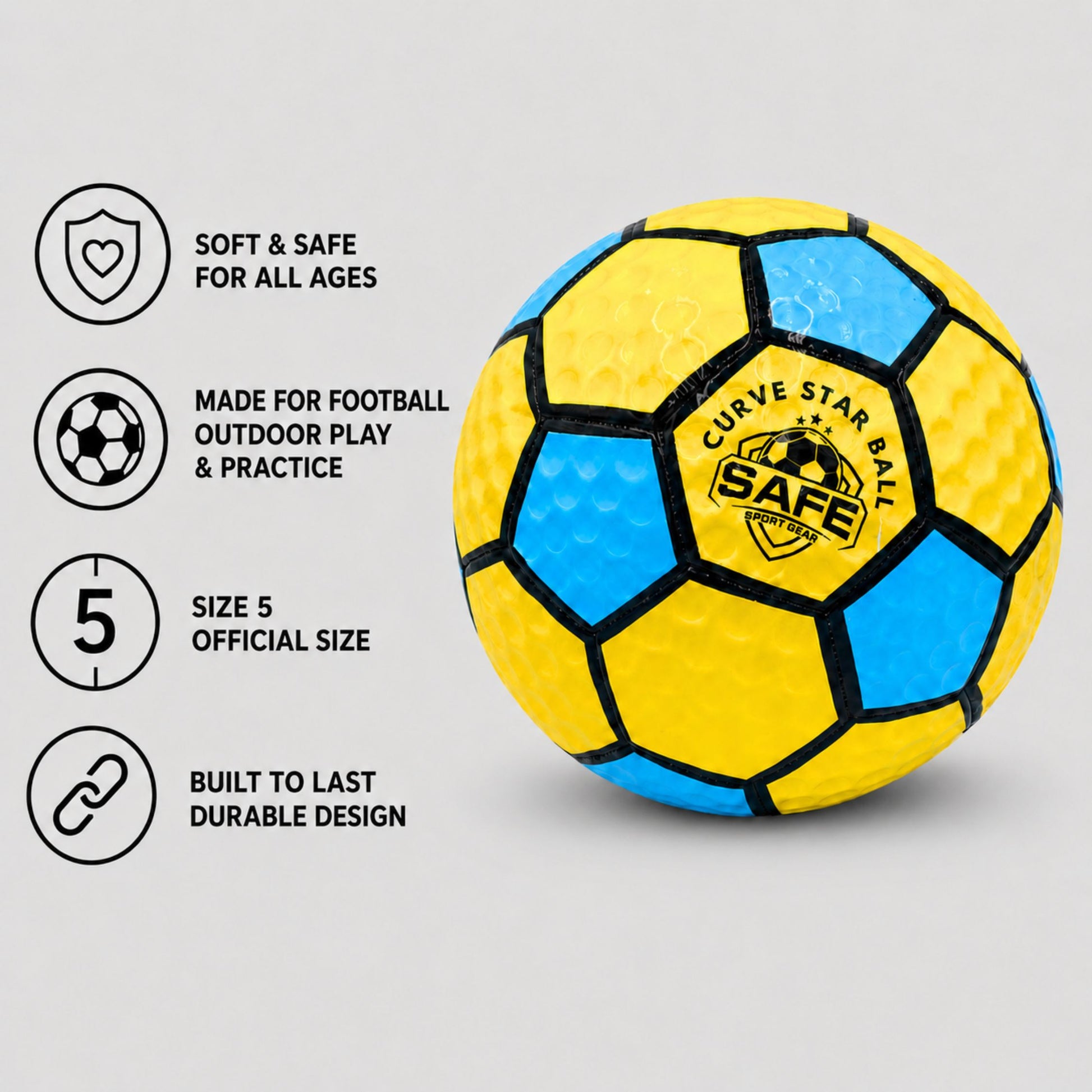 Yellow and blue curve star football with safety features on a gray background