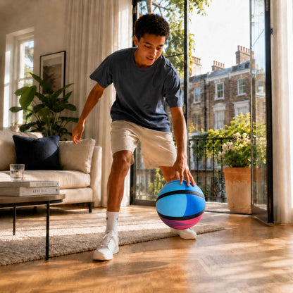 A man in a navy blue t-shirt and beige shorts dribbling a colorful HouseHoops basketball - SH in a bright, modern living room with large windows overlooking a city view.