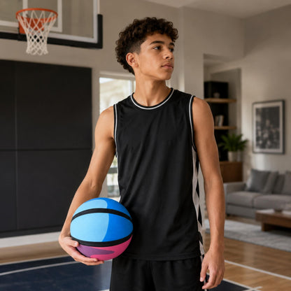 Person holding a HouseHoops basketball - SH in a living room with a basketball hoop.