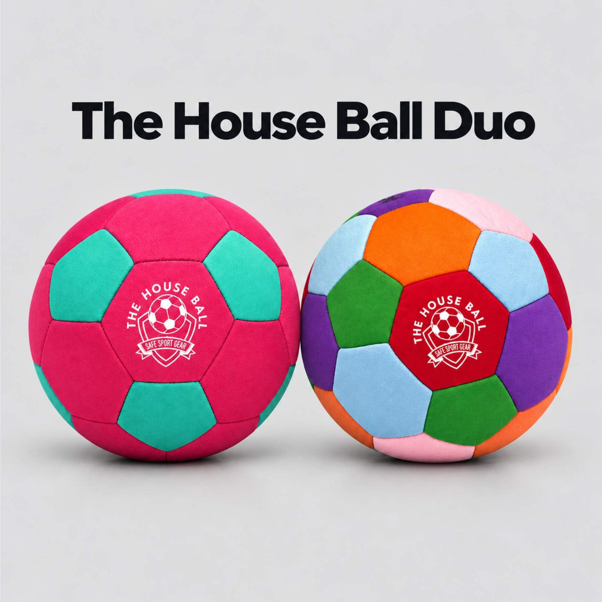 Two colorful House Balls on a light gray background with the text The House Ball Duo above them. The left ball is hot pink and teal, and the right ball is a patchwork of multiple colors including orange, green, blue, purple, and pink.