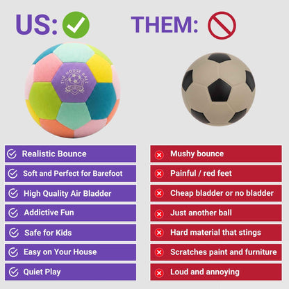 Comparison chart between House Ball - EE and a traditional football with pros and cons listed.