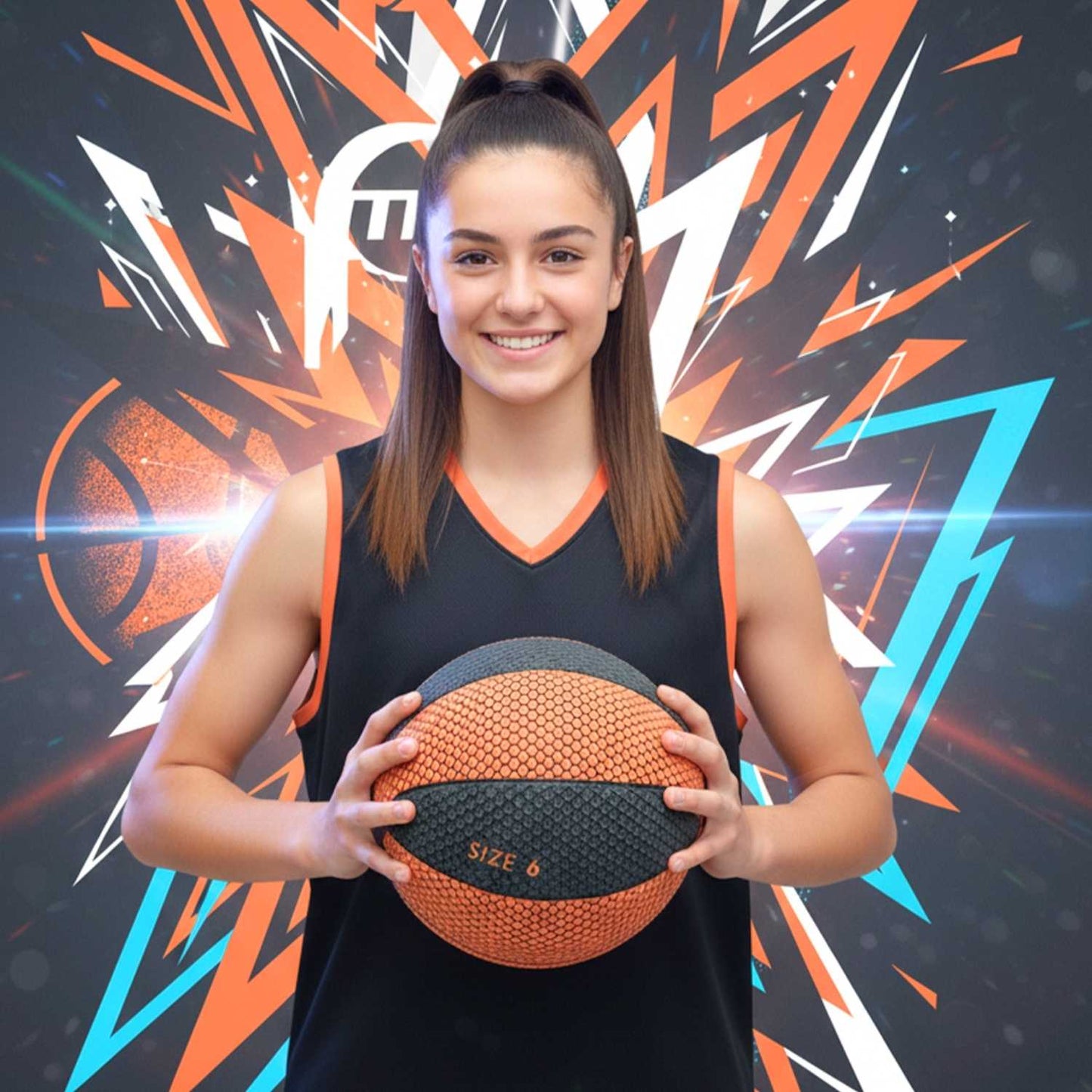 Woman holding a Househoops basketball against a colorful abstract background