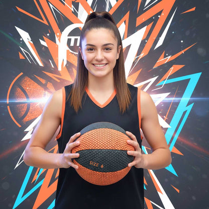 Woman holding a Househoops basketball against a colorful abstract background