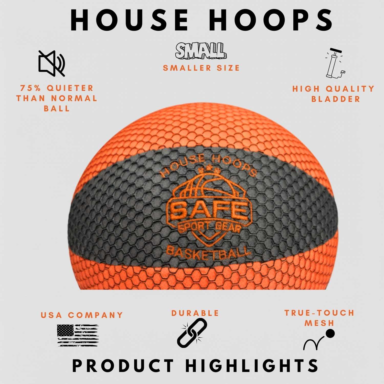 HouseHoops basketball with 'Safe Sport Gear' branding on a light gray background