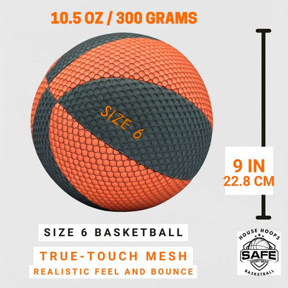 HouseHoops Basketball Size 6 with weight, size, and material specifications on a light gray background