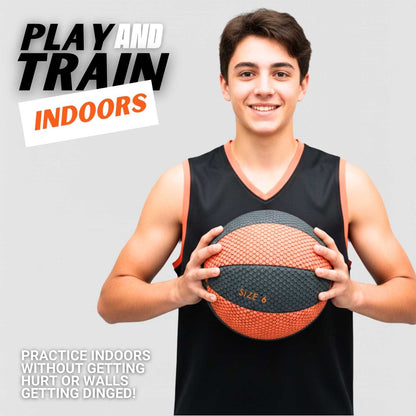 Person holding a HouseHoops basketball with promotional text about indoor play and training.