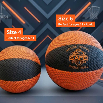 HouseHoops Basketball one size 4 and one size 6, with Safe Sport Gear branding on a blue background.