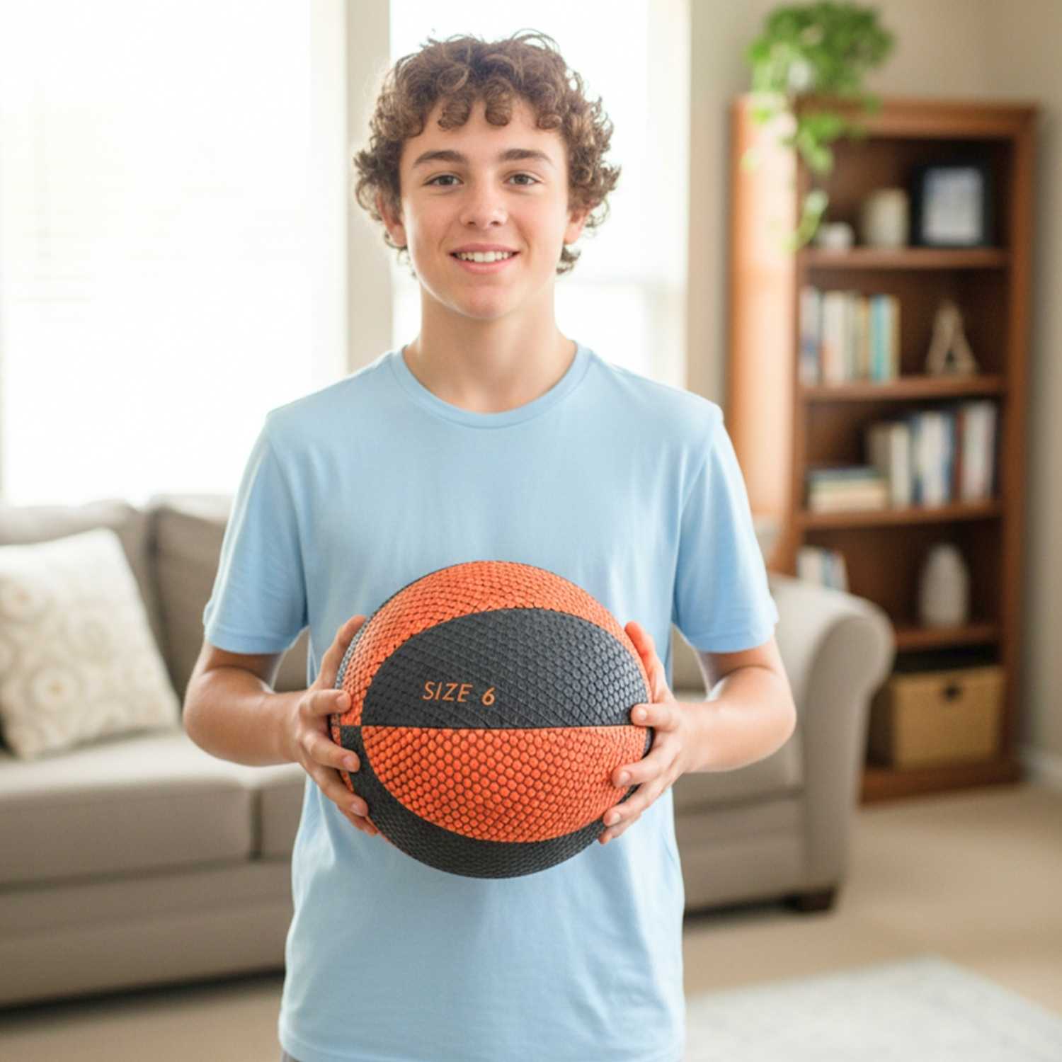 Person holding a size 6 HouseHoops Basketball in a living room setting