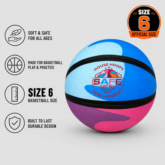 Househoops - SH basketball with safety features and branding on a light gray background