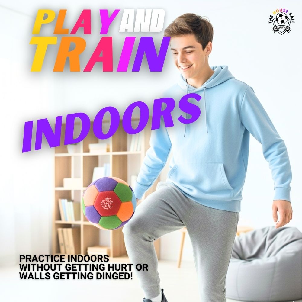 Young person playing The House Ball indoors with text promoting safe indoor play and training