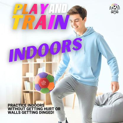 Young person playing The House Ball indoors with text promoting safe indoor play and training