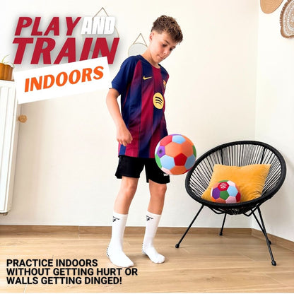 Child in sports jersey holding The House Ball with promotional text about playing football inside your home