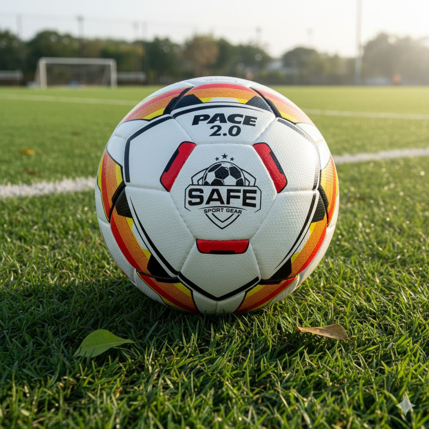 Pace 2.0 Football with Safe Sport Gear logo resting on green grass outdoors