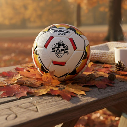 Pace 2.0 Football resting on autumn leaves in warm natural sunlight