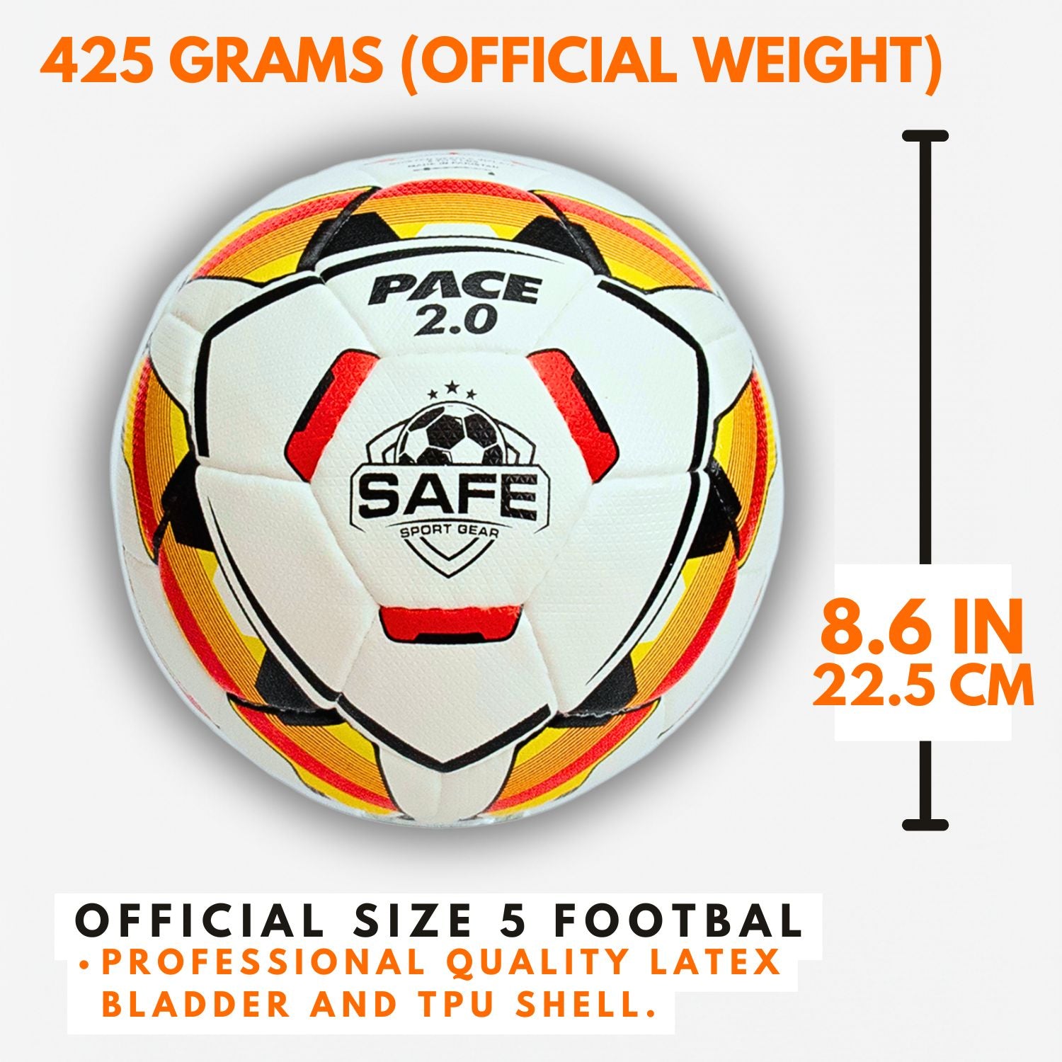 Pace 2.0 Football with Safe Sport Gear logo, weight, size, and material details on a white background.