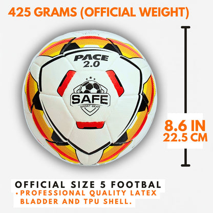 Pace 2.0 Football with Safe Sport Gear logo, weight, size, and material details on a white background.