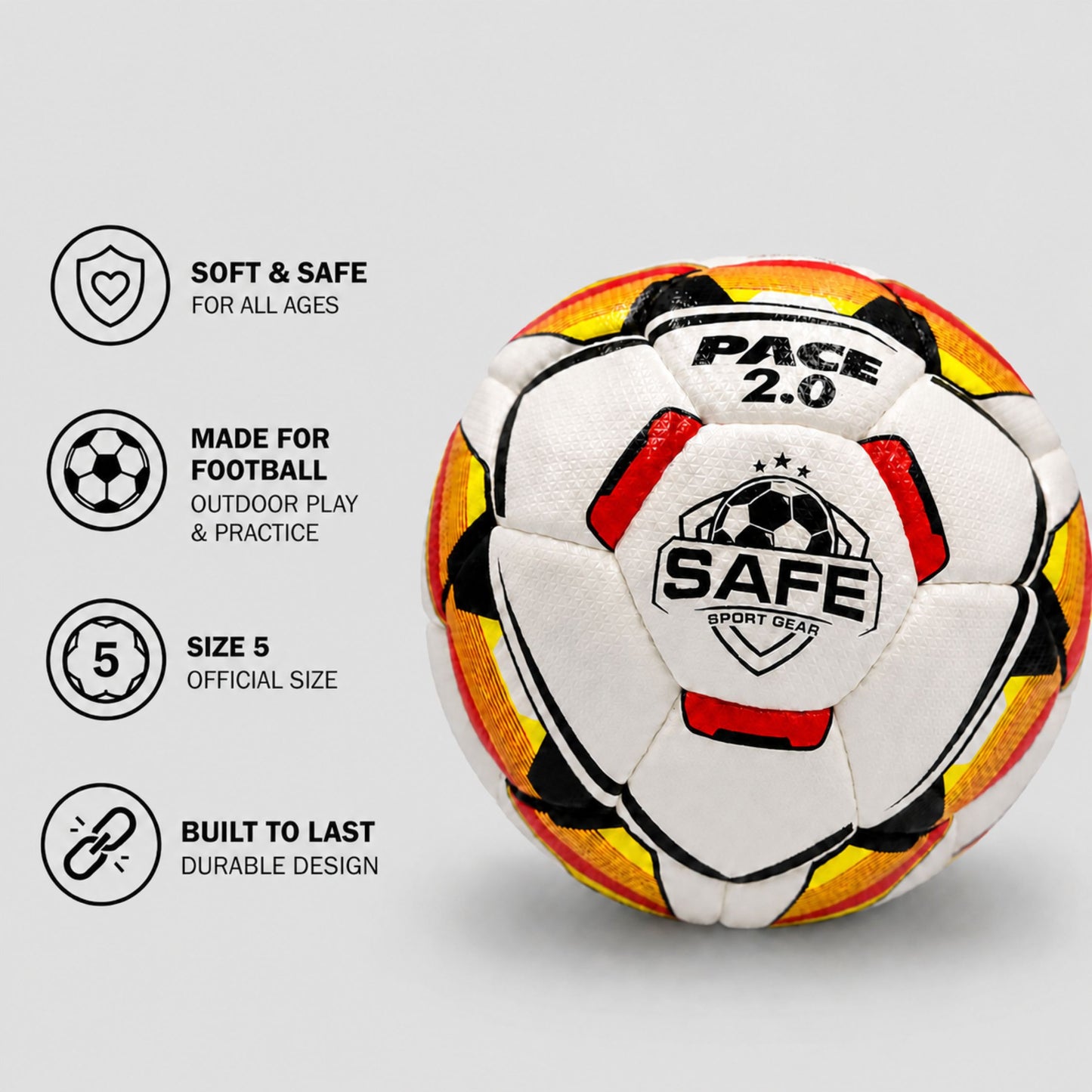 PACE 2.0 football with Safe Sport Gear logo on a light gray background