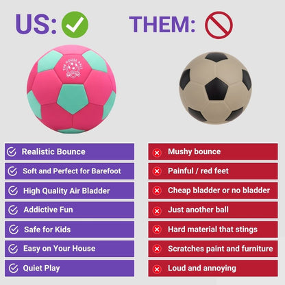 Comparison chart between The Pink House Ball 'US' and a football labeled 'THEM' with pros and cons listed.