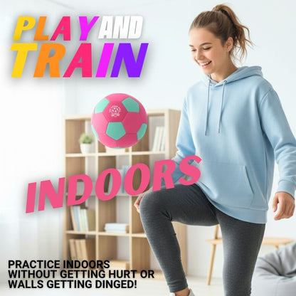 Woman playing with The Pink House Ball, with text promoting indoor play and training.