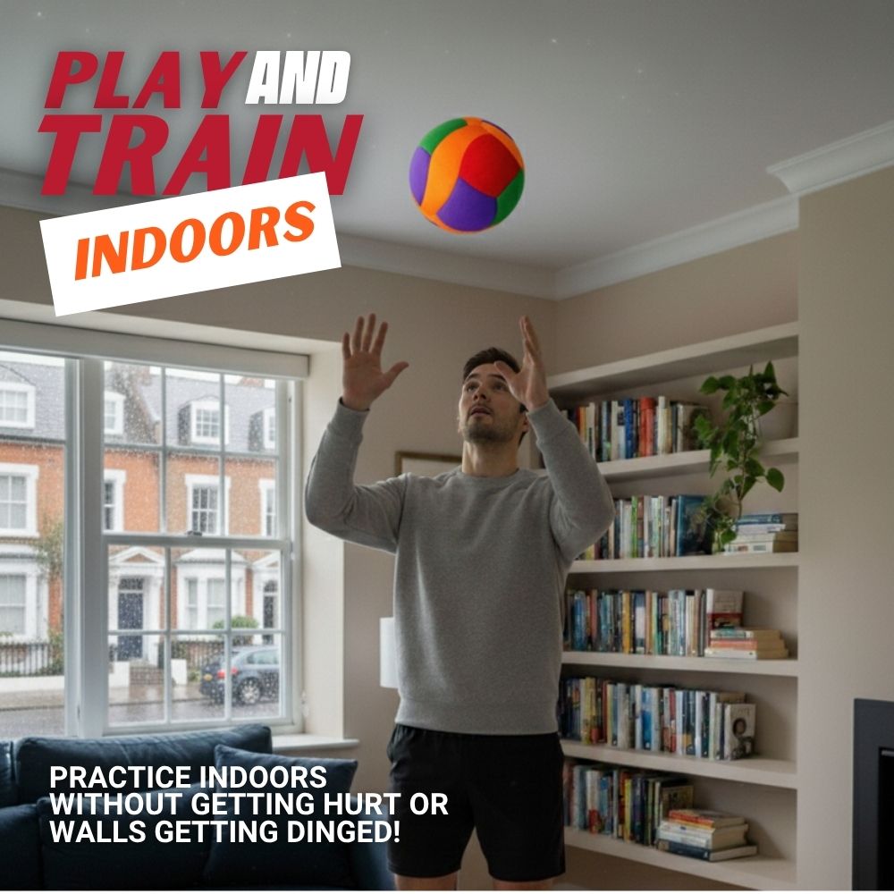 Man playing with a  Softy Volleyball indoors, with text promoting indoor play and training.