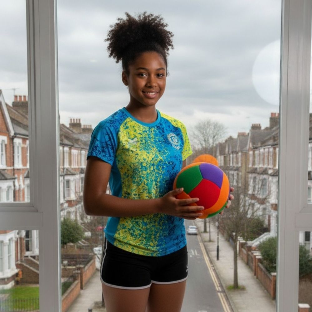 Young girl holding a colorful Softy Volleyball indoors with a bright smile