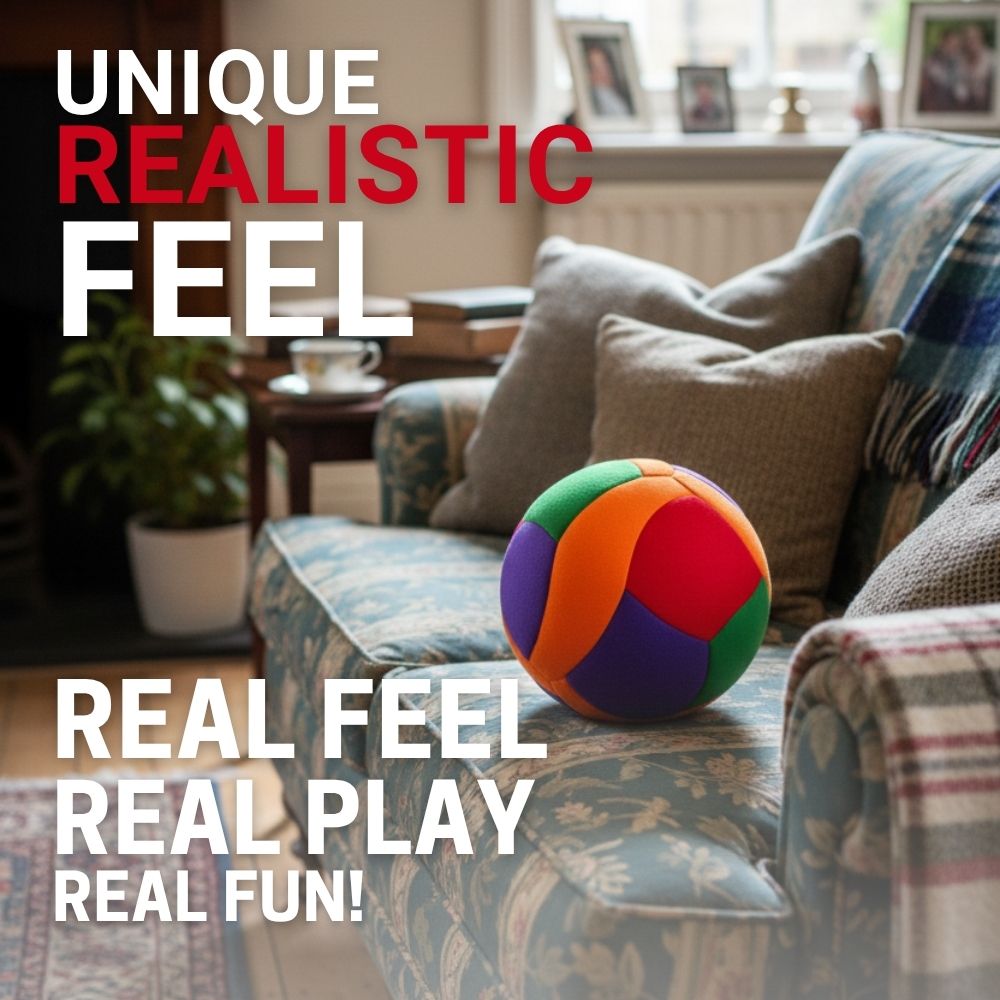 Modern living room with Softy Volleyball on the sofa, and decor elements, featuring text about a unique realistic feel.