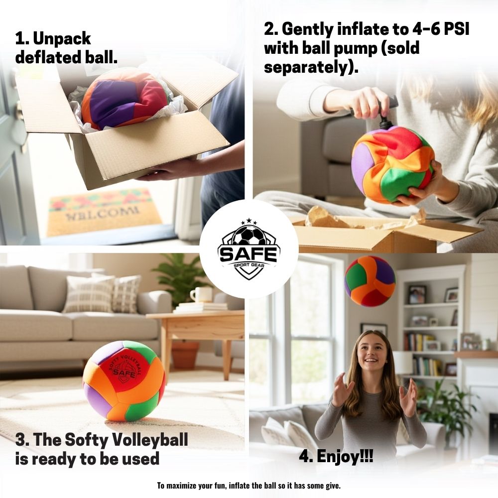 Step-by-step guide on how to inflate and use a colorful softy volleyball in a living room setting.