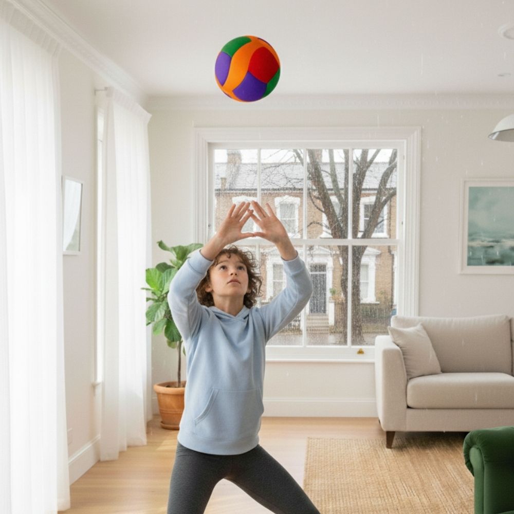 A young boy playing with a Softy Volleyball in a living room