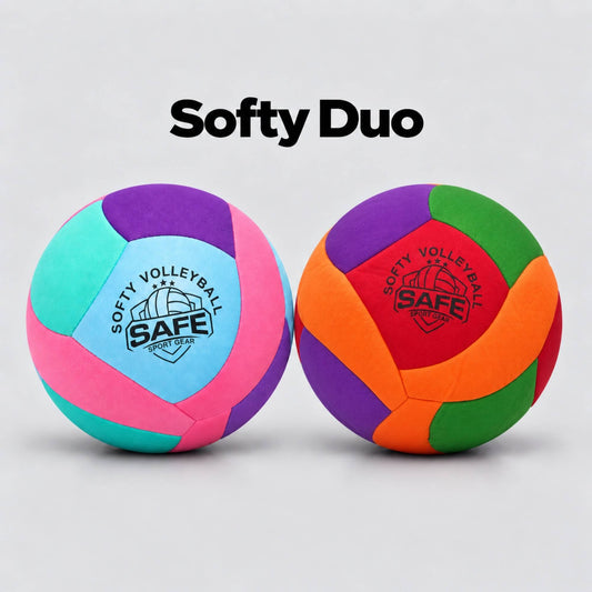 Two colorful softy volleyballs with Safe Sport Gear logo on a light gray background, with the text Softy Duo above them. One ball is pink, purple, and teal. The other is red, orange, green, and purple.