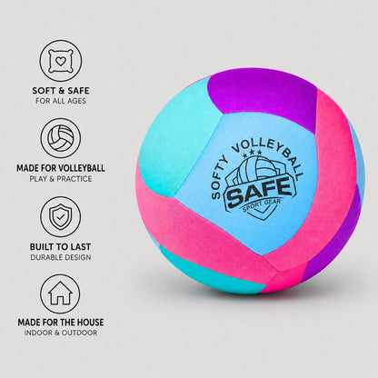 Colorful Softy volleyball - Teal with Safe Sport Gear logo and feature text on a light gray background