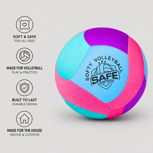 Colorful soft volleyball - teal with Safe Sport Gear logo and feature text on a light gray background