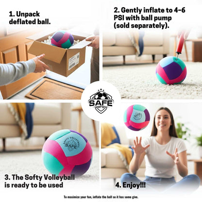 Step-by-step guide on how to unpack, inflate, and use a Softy Volleyball-Teal, with a 'Safe Sport Gear' logo.